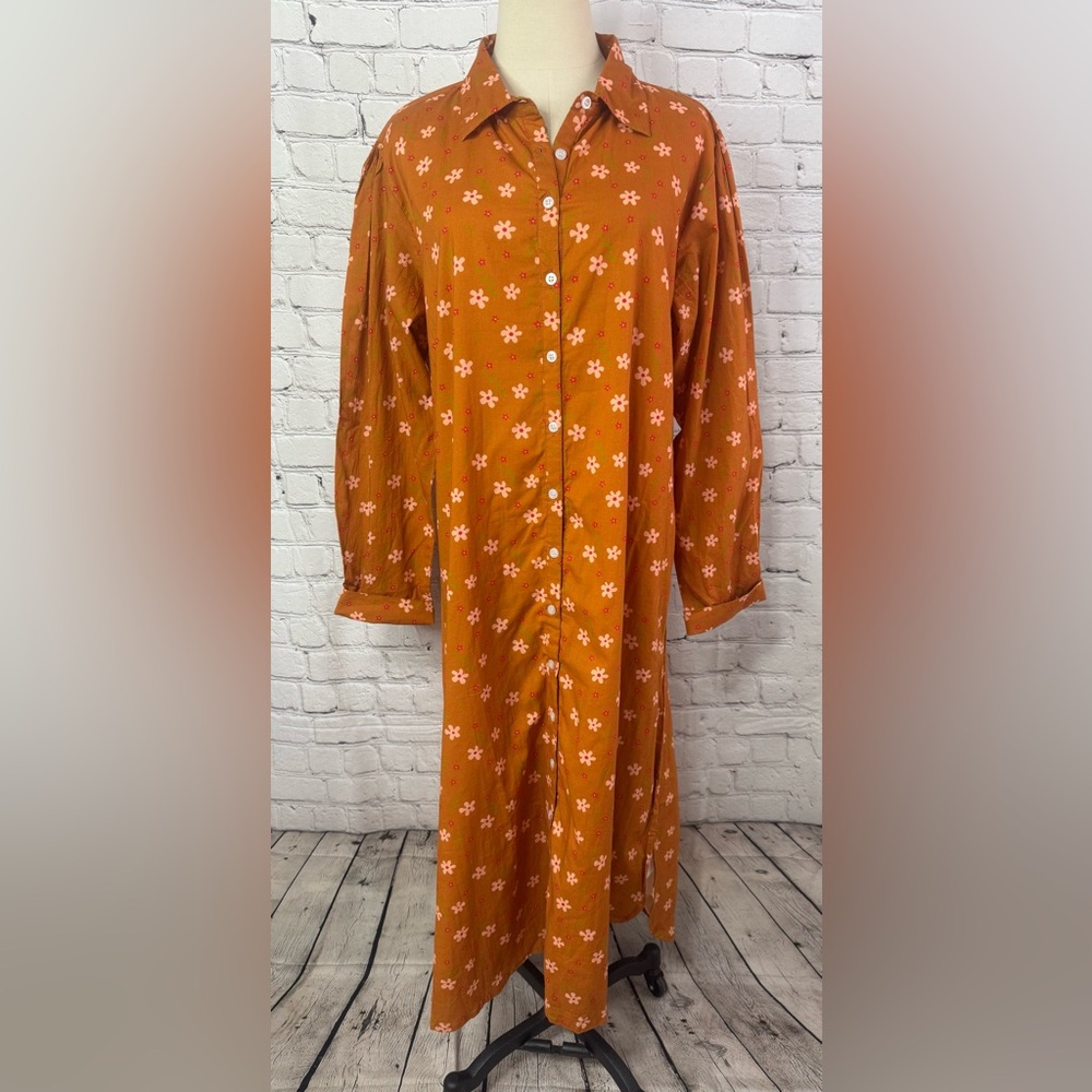 Hampton House Long Orange Floral Shirt Dress Size XL